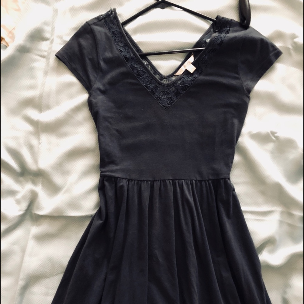 Blue stretchy fit and flare dress.